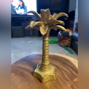 Gold palm tree candle stick holder
